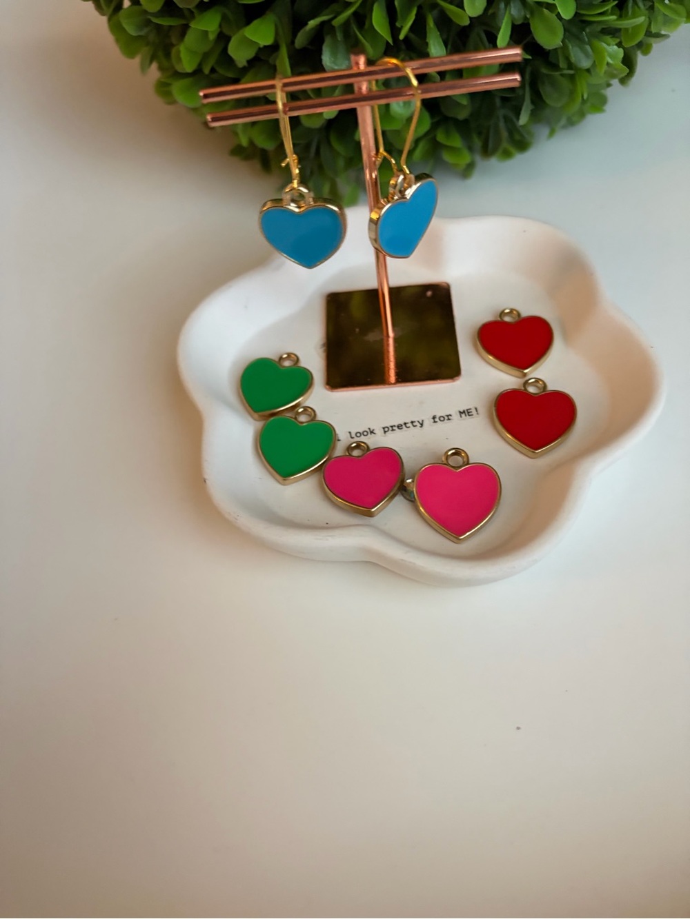 Gold Heart Drop Earrings with Blue Enamel Accent